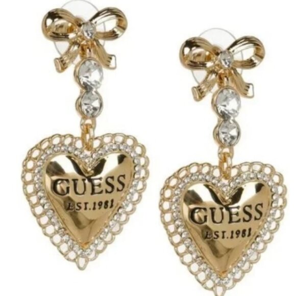 GUESS Logo Gold-tone Crystal Bow &  Heart Drop Earrings NWT🆕⌚📦🏃💨🚚 - Picture 1 of 3
